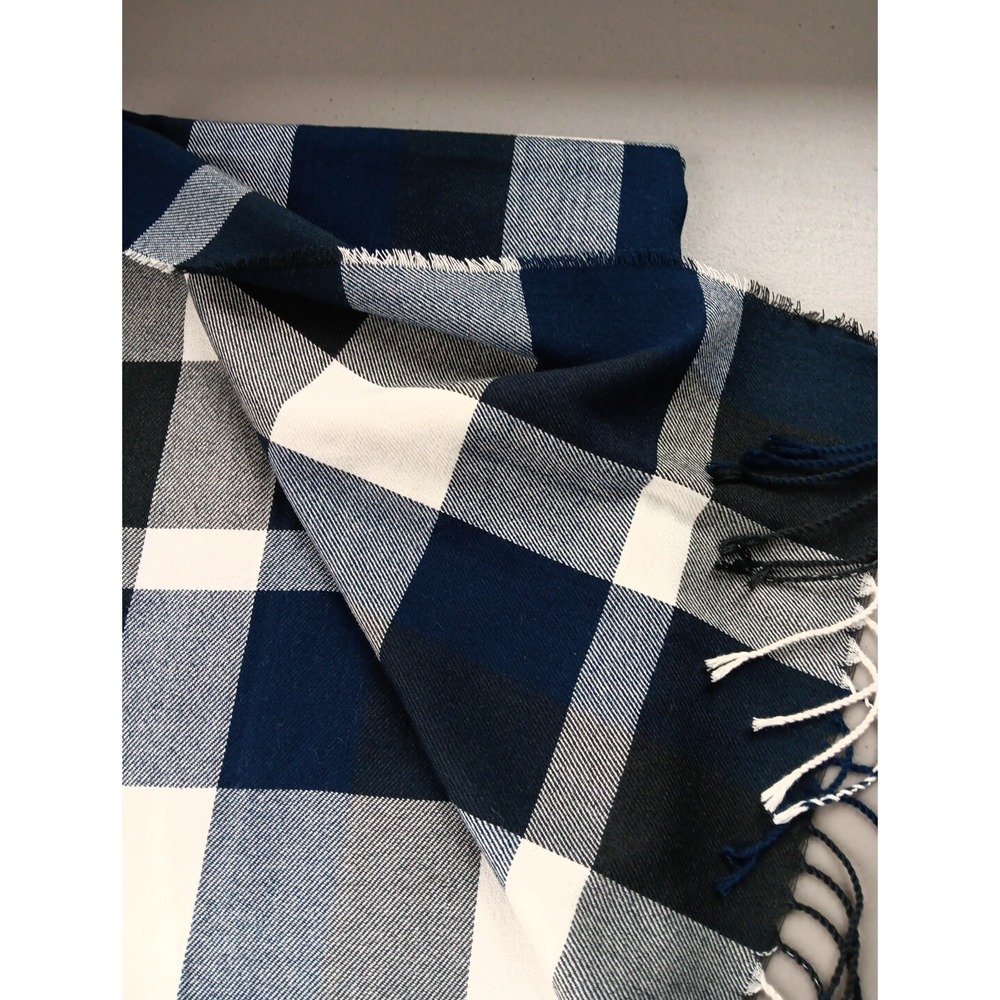 Plush Scarf Wrap Blue Black Plaid Large with Fringe Academia Cozy Old Money Lux - Picture 3 of 4